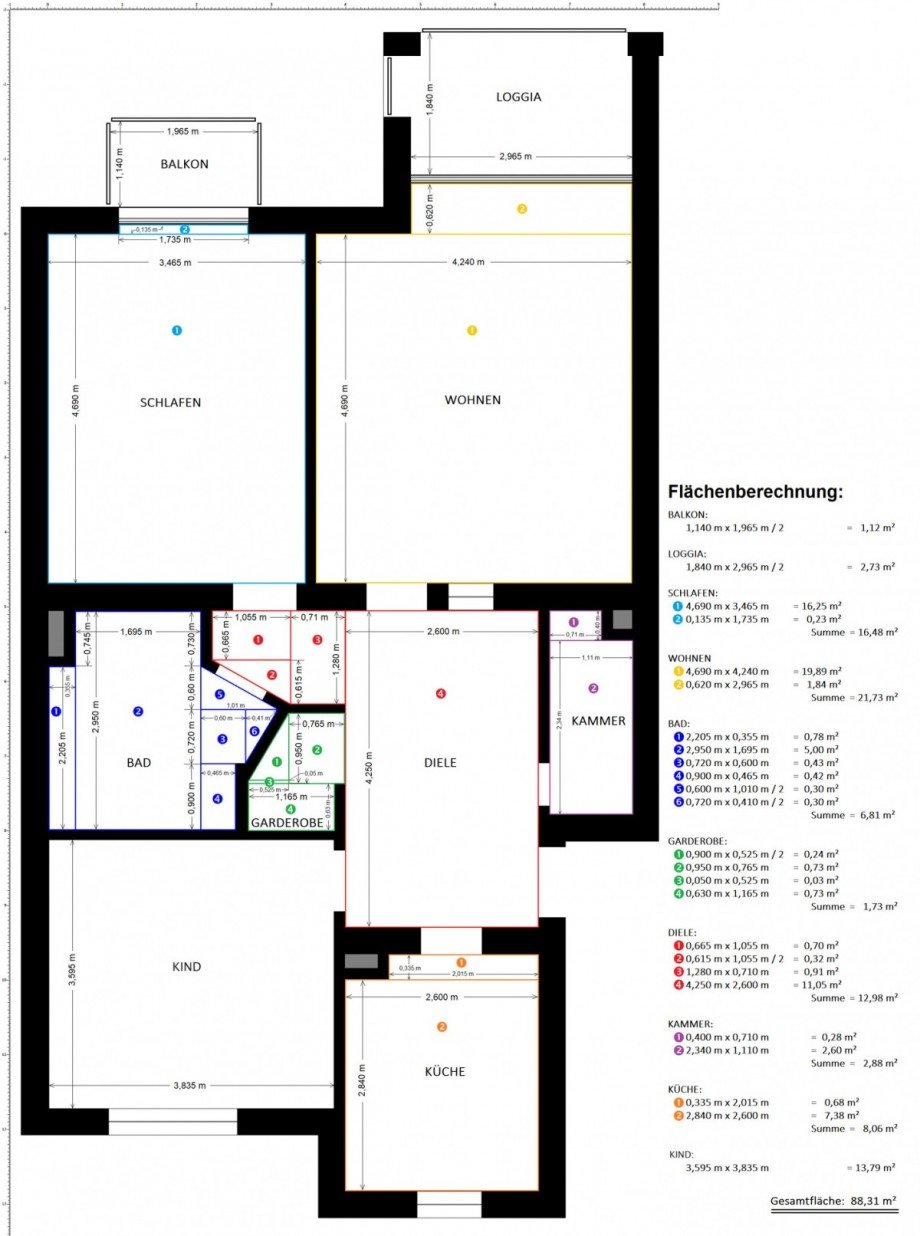 Grundriss mit Fl�chenberechnung Etagenwohnung N�rnberg